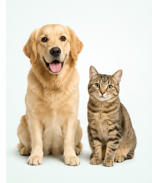 Friendly golden retriever and tabby cat